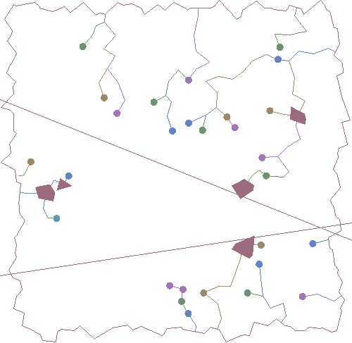 wireframe diagram of a square continent with jagged borders and several river systems